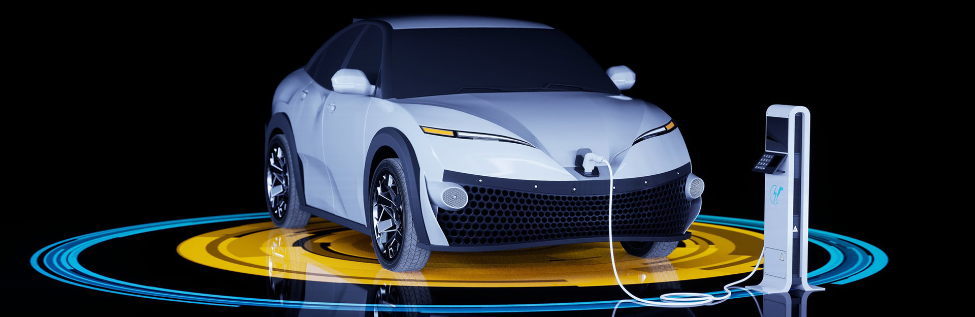 An electric vehicle (EV) is shown charging at a station.