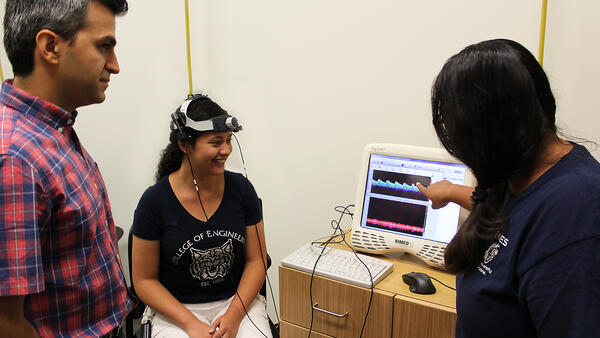Mechanical Engineering assistant professor Kaveh Laksari conducting brain-trauma research in his lab. 
