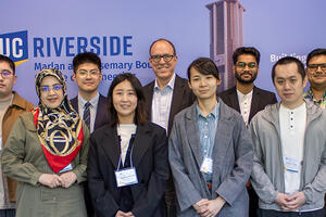 Photo of eight participants of the UC Riverside Engineering FAME workshop with BCOE Dean Chris Lynch in the center of the photo.