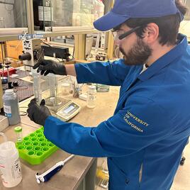 bearded male student wearing working in a lab wearing gloves, a blue ball cap, blue lab coat