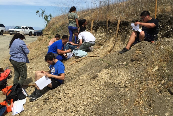 Group of undergraduate students collecting data on soil.