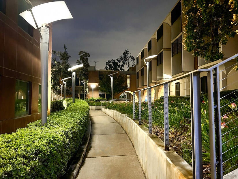 Exterior lighting of walkway between buildings