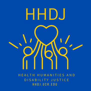 HHDJ: Health Humanities & Disability Justice Logo, yellow text on a blue background