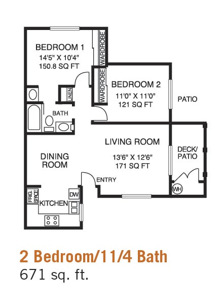 Plaza 2 Bed/1 1/4 Bath Floor Plan