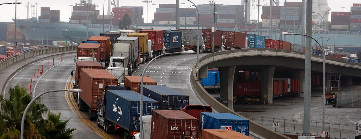 Trucks lining up of the Port of Long Beach to get cargo