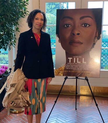 Courtney Baker, an associate professor of English, on Feb. 16, 2023 at the screening of "Till" in Washington, D.C. (Photo courtesy of Courtney Baker)