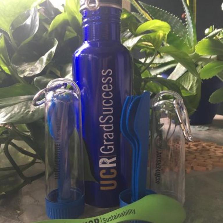 water bottle, fork and spoons