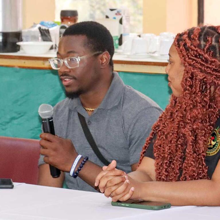 George in a question-and-answer session with leaders in Guyana.