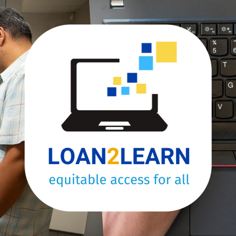 image of a laptop with a group of students and a laptop keyboard in the background