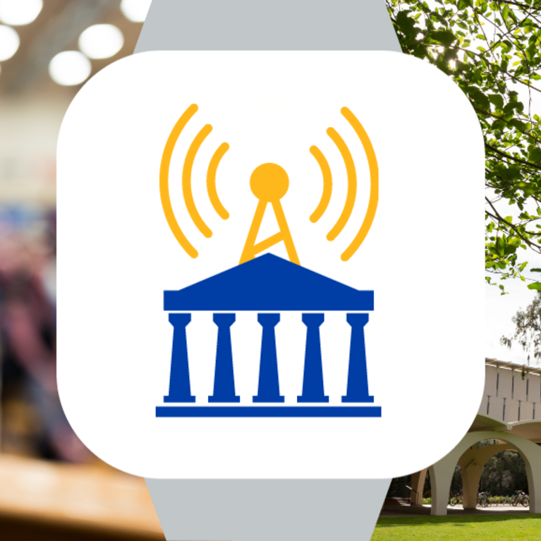 Antenna with soundwaves on top of a building with pillars and a microphone and the Rivera arches in the background