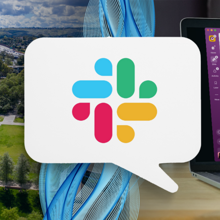 Slack logo with UCR Bell Tower and new user interface in the background