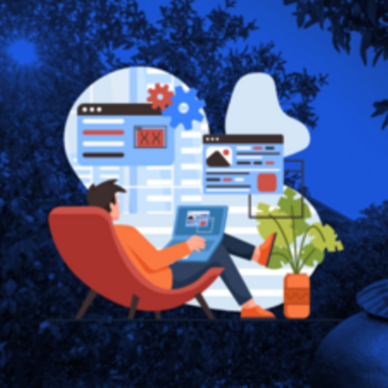 Animated man overlooks user interface icons over blue campus backdrop