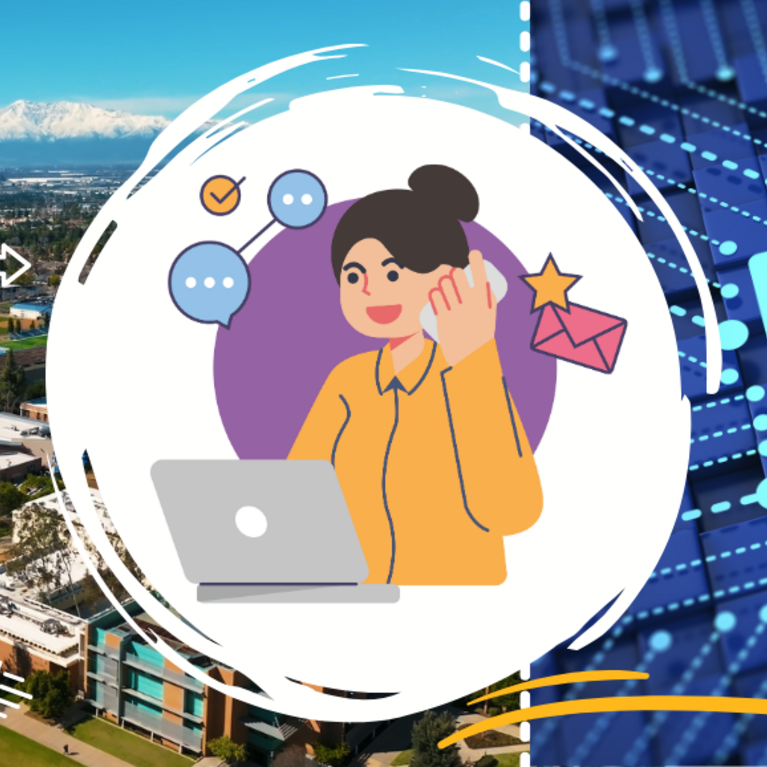 Image of a woman talking on a mobile phone while looking at an open laptop with a UCR campus shot and a mail envelope on the background