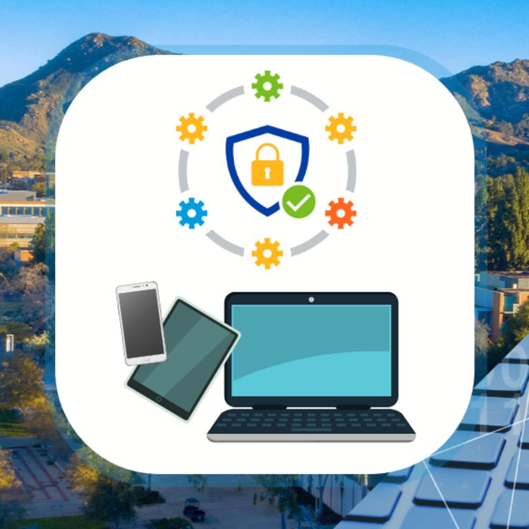 Cyber defender icon above images of a smartphone, tablet, and laptop with the UCR landscape in the background