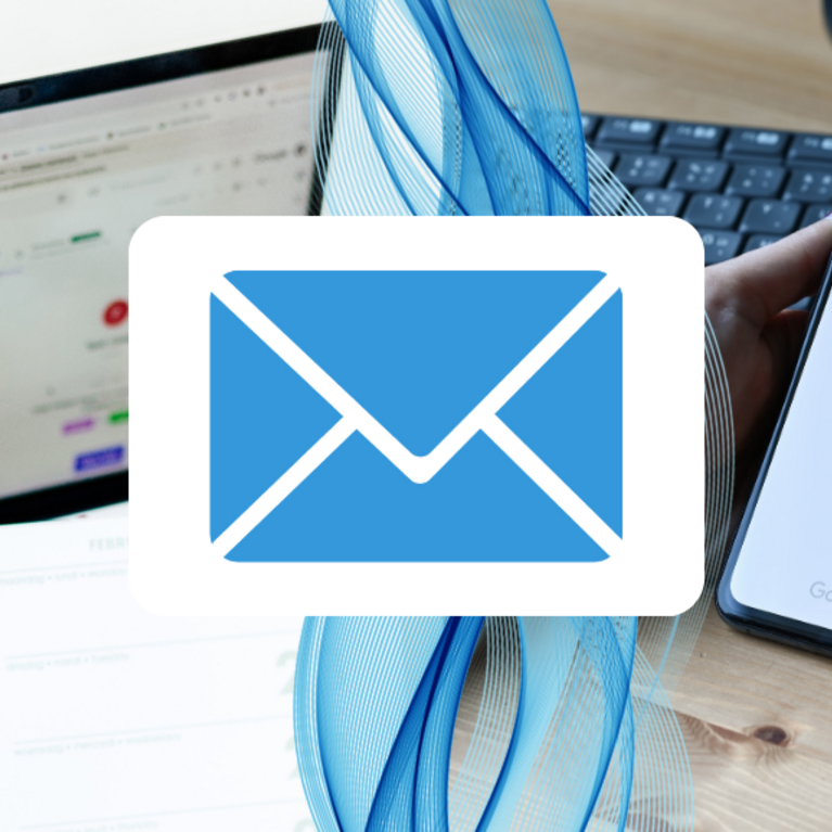 Blue envelope at the center and in the background, there is an open laptop showing a Gmail inbox, a woman holding a planner notebook, and a hand holding a smartphone with the Gmail logo