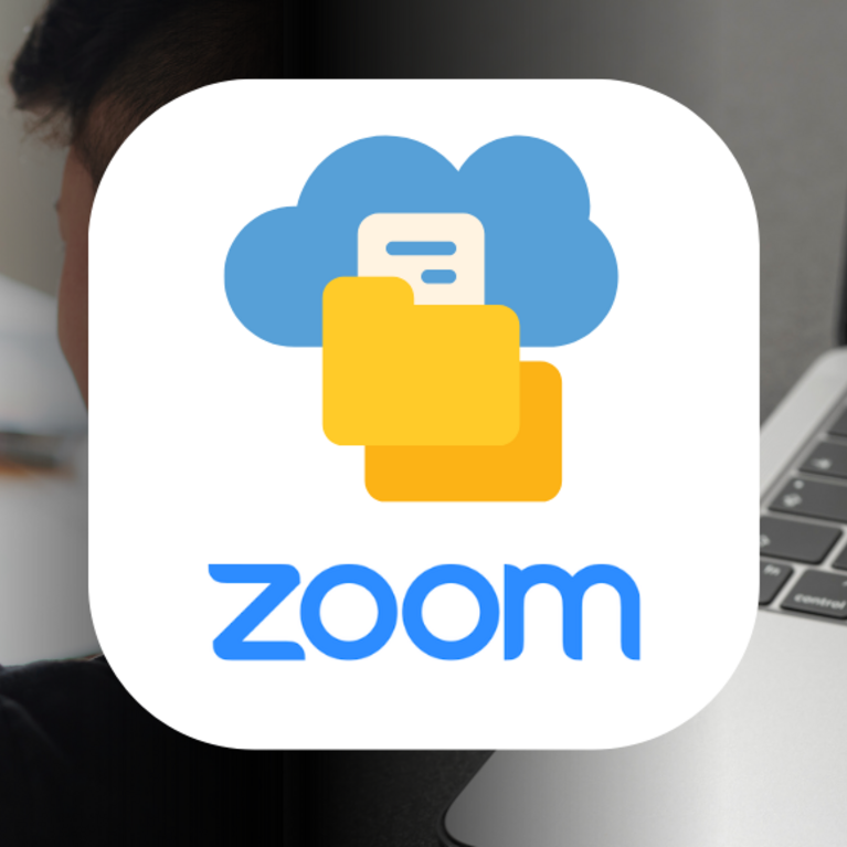 Zoom logo with folder icon below cloud image. Laptop images in the background with small red trash bin.