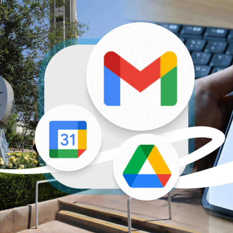 Gmail, Google Drive, and Google Calendar logos with a smartphone and the UCR logo in the background