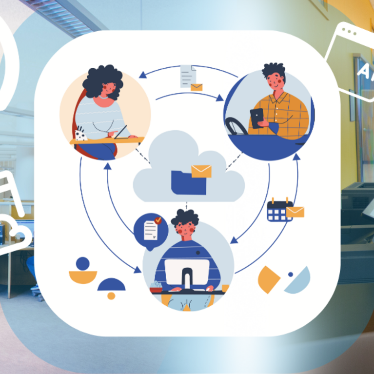 Three people working together with the UCR Library and a woman by the printing station in the background