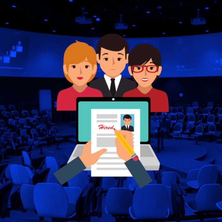 Animated HR business professionals over the round room classroom