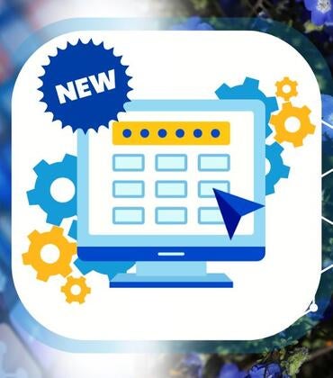 Computer monitor with cursor showing surrounded by cogwheels and a round icon with the word new at the top