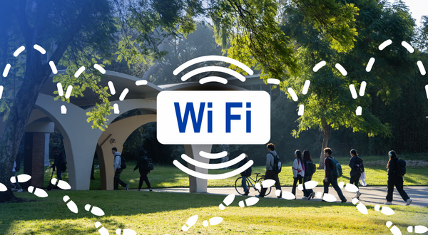 Image with the word "WiFi" and graphics depicting wireless signals with the UCR courtyard in the background