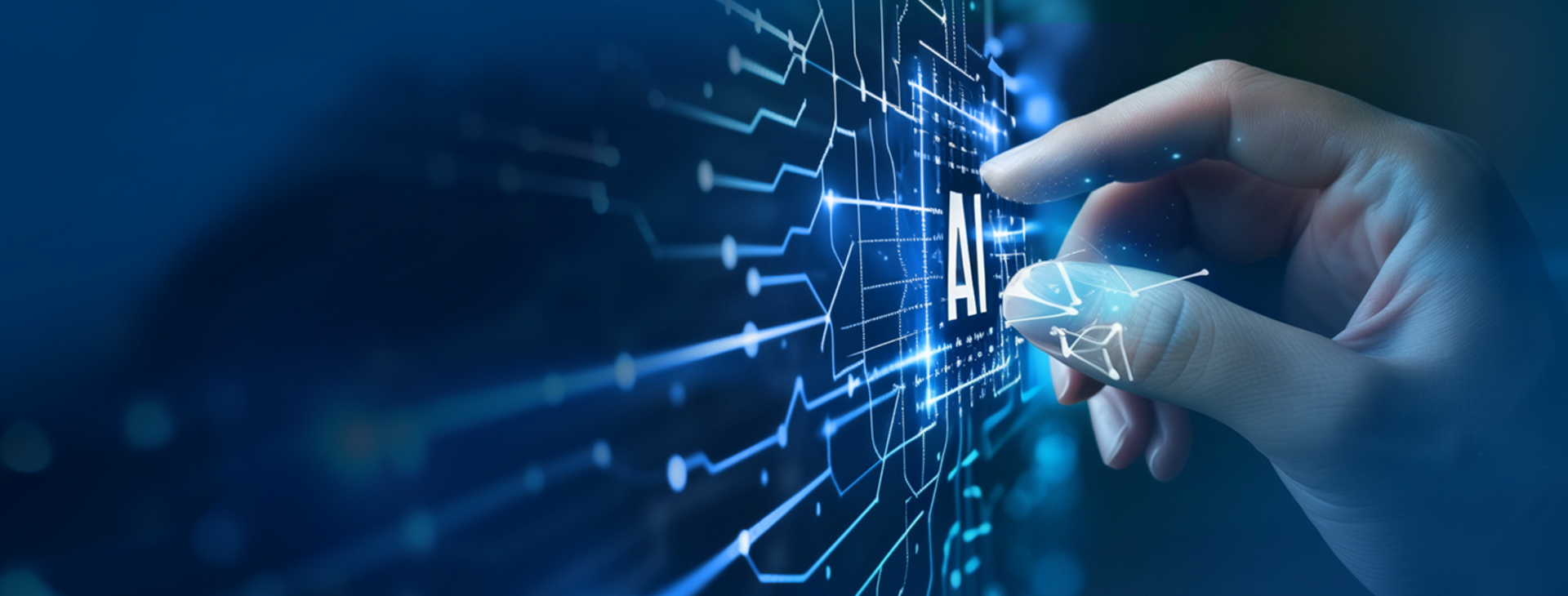 a human hand interacting with a metaphorical AI technology pattern