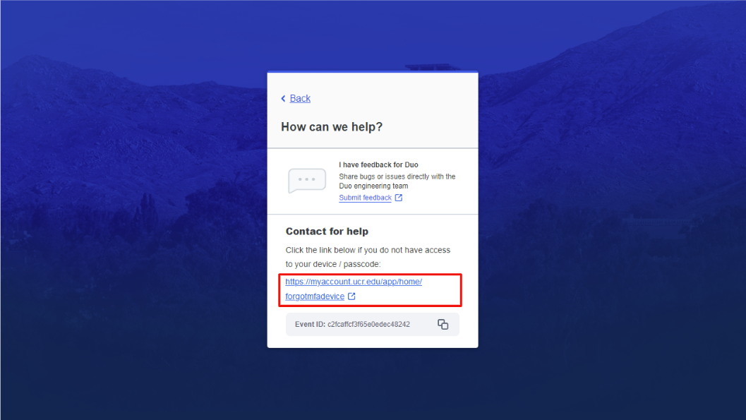 Screenshot of DUO Universal Prompt with a red box highlighting the MyAccount Link