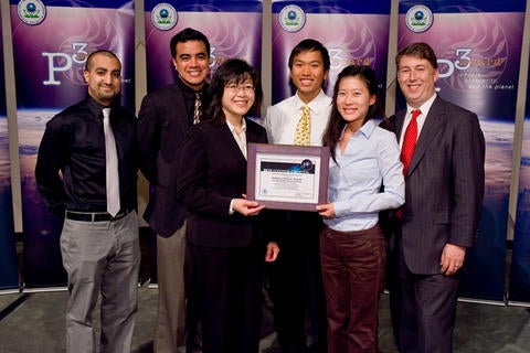 Left photo: Anthony Turgman, Josh Garong, Kawai Tam, Vu Nguyen, Christine Kwon, Paul Anastas (Assistant Administrator for R&D at EPA). Not in photo: Advisors Jian Shi and Charles Wyman. 