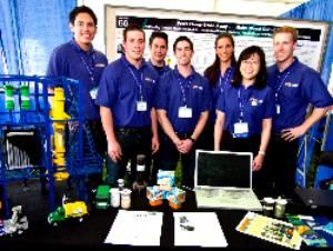 Right photo: Michael Bagtang, Phillip Brendecke, Douglas Duchon, Alex Duchon, Stephanie Stasiuk, Kawai Tam, and Joey Pichette at the 2011 National Sustainable Design Expo; not in photo: advisors Joseph Norbeck and Chan Seung Park. 