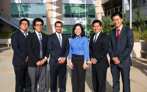 In photo: Jung Joon Park, Estevan Ochoa, Jason Farag, Kawai Tam (advisor), Christopher Quach and David Ye He. Not in photo: Mark Matsumoto (advisor). 