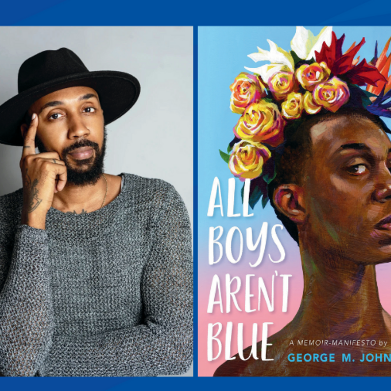 George M. Johnson and a cover of his book All Boys Aren't Blue
