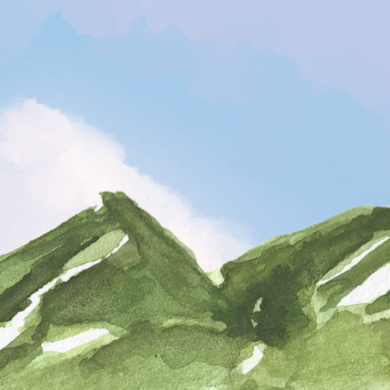 Image of a painted sky and green mountains