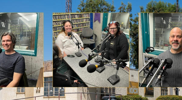 Three-panel photo of The Reference Desk podcast recording at KUCR radio station, showing podcast guests and hosts at microphones in broadcast booths. Image of KUCR studios from the outside is the background.