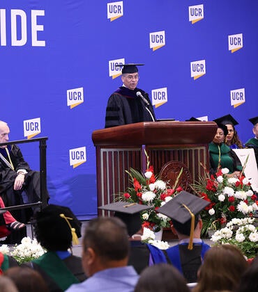 Xavier Becerra addresses the audience at the School of Medicine commencement ceremony