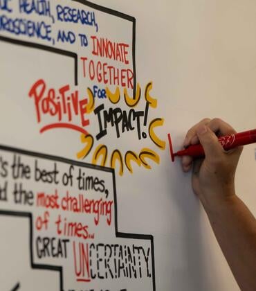 Hand holding a red marker over a board reading "positive impact!"