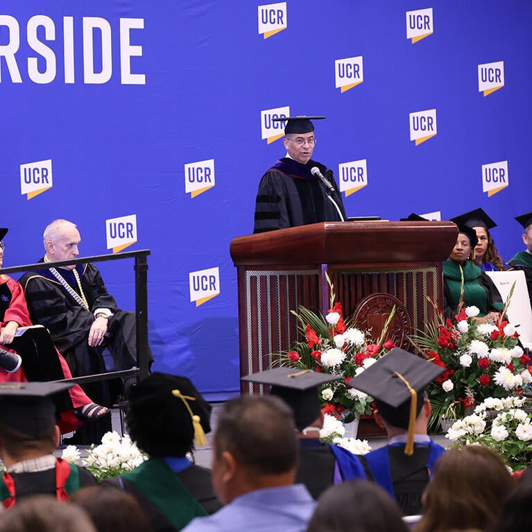 Xavier Becerra addresses the audience at the School of Medicine commencement ceremony