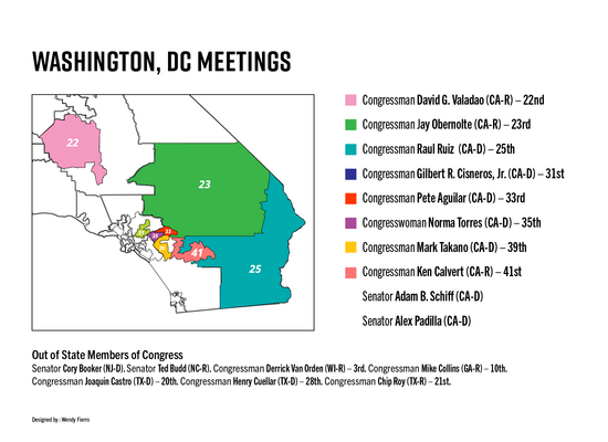 Graphic showing Southern California districts whose representatives Pegan met