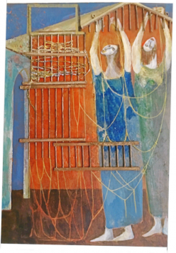 Fifteen of Simon’s poems narrate paintings by her mother, reproductions of which are included in the collection. BAILA GOLDENTHAL, 1990, OIL ON WOOD/COLLAGE, 20″X16″