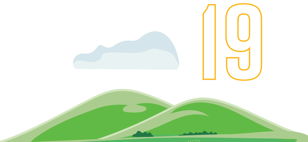 Illustration of a landscape with blue skies and green hills with CARB's logo and text reading 19 acres