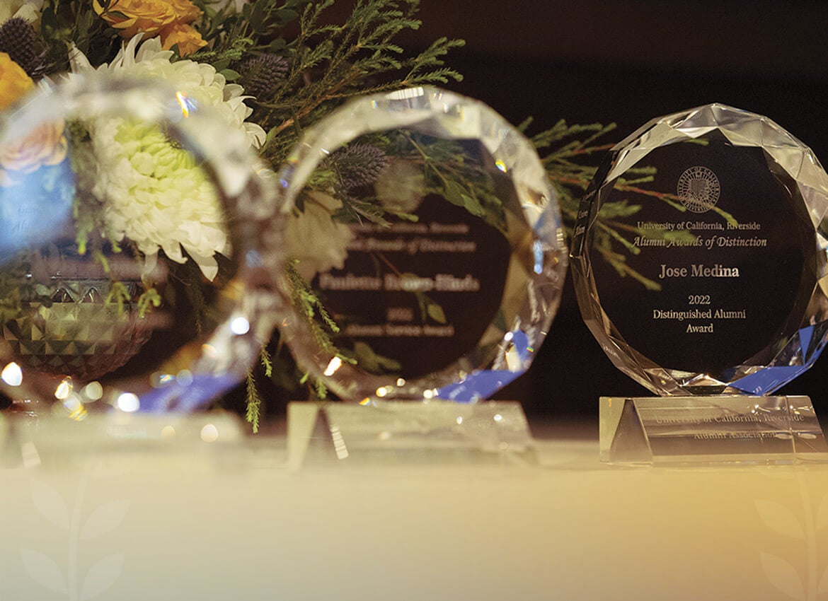 Group of award trophies on a table from UC Riverside