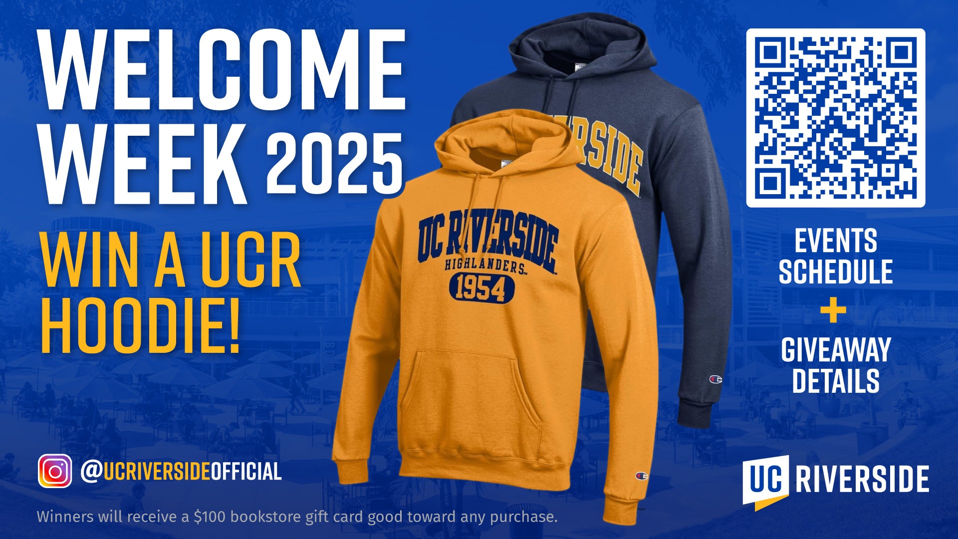 Yellow and blue hoodie sweatshirt prizes for Welcome Week 2025 Giveaway 