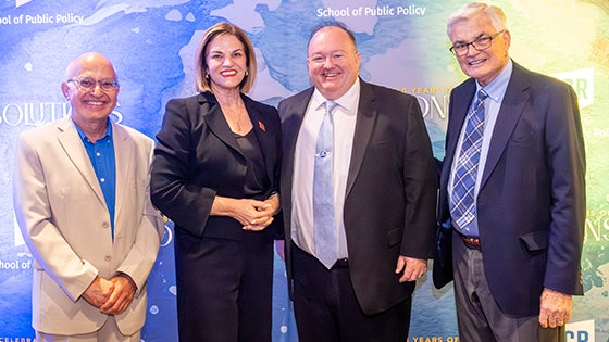 Anil Deolalikar, founding SPP dean; Patricia Lock Dawson, the Riverside mayor; Mark Long, SPP dean; and Ron Loveridge, professor and former Riverside mayor  