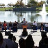 People gather for a performance of "Along the Chaparral: Memorializing the Enshrined", on October 12, 2019, at the Riverside National Cemetery Atrium.