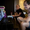 Winter Lawson, '20, and roommate Johnny Macias, '19, join in with others on a Zoom call from their apartment after participating in an online performance on Friday, June 12, 2020 in Riverside. (UCR/Stan Lim)