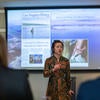 Caroline Hung, earth and planetary sciences doctoral student, presents "From Toxic Muds to Toxic Dust on a Drying Lakebed: Methods in Biogeochemistry to Inform Salton Sea Policy," during the Grad Slam competition on Thursday, March 3, 2022, at the Alumni and Visitors Center at UC Riverside.  (UCR/Stan Lim)