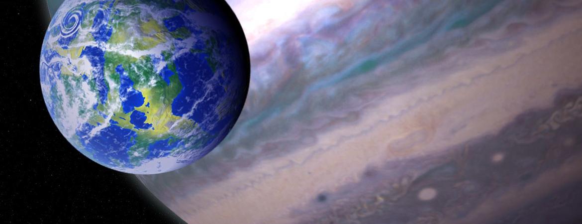 An artist’s illustration of a potentially habitable exomoon orbiting a giant planet in a distant solar system. NASA GSFC: Jay Friedlander and Britt Griswold