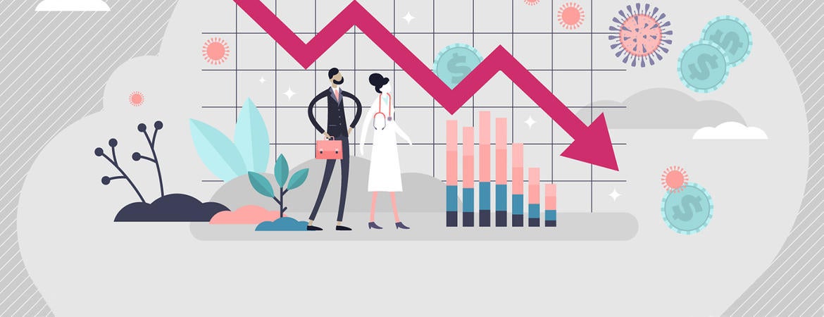 An illustration of professionals looking at a downward economic curve due to COVID-19