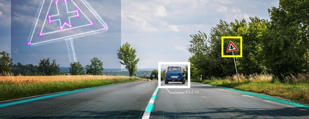 Illustration suggesting the computer vision system of a self-driving carr