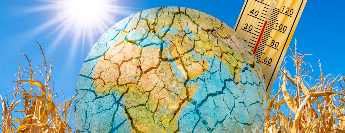 An artistic illustration showing a warming planet Earth and a thermometer.