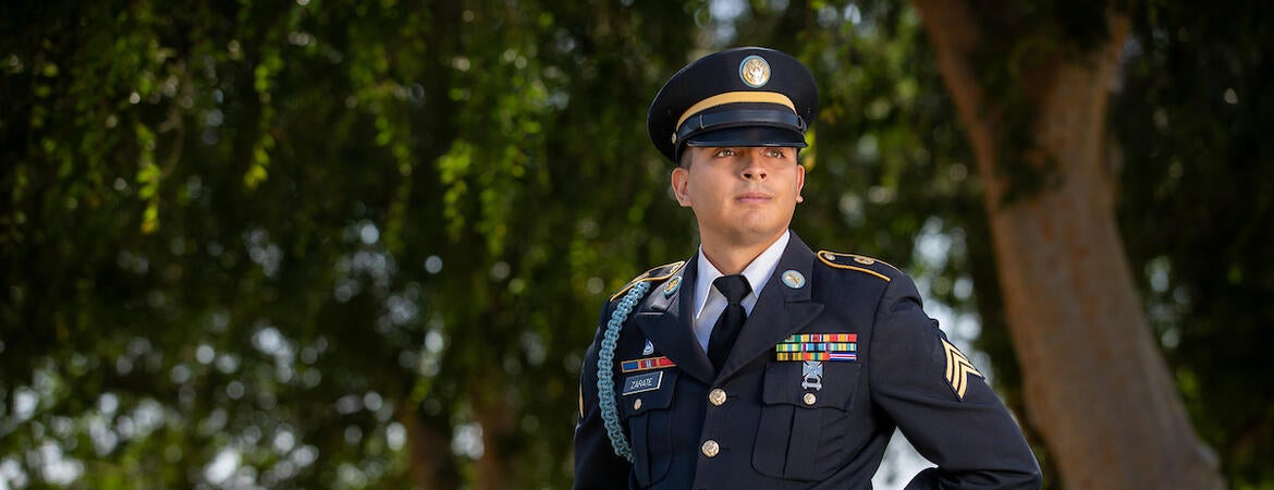 Portrait of Donald Zárate, 27, a sergeant in the U.S. Army Reserve, and a graduated from CHASS with a BA in political science and a BS in psychology. (UCR/Stan Lim)